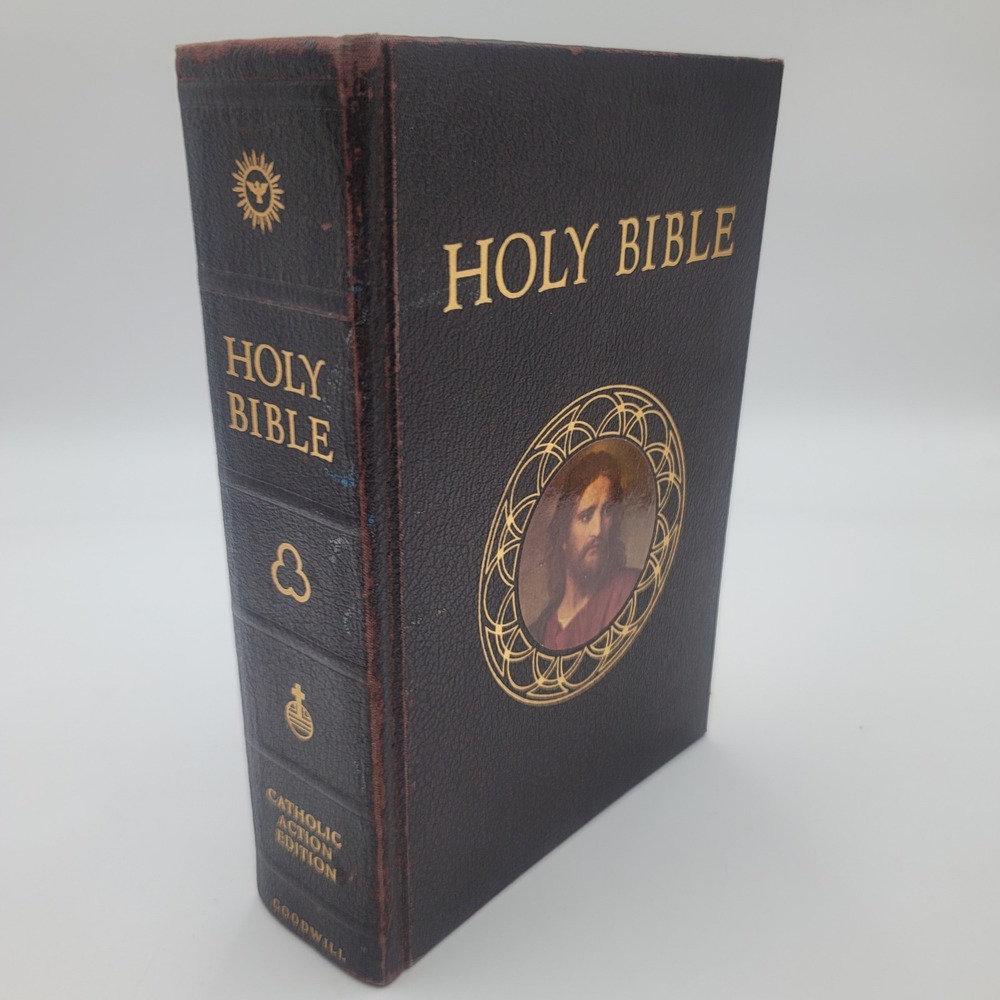VTG 1953 Holy Bible Catholic Action Edition Brown Faux Leather Gold Gilt Edges